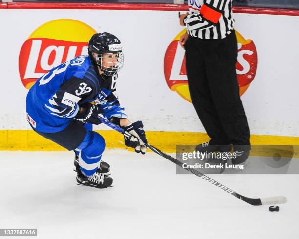 Michelle Karvinen of Finland in action against Switzerland in the 2021 IIHF Women's World Championship bronze medal game played at WinSport Arena on...