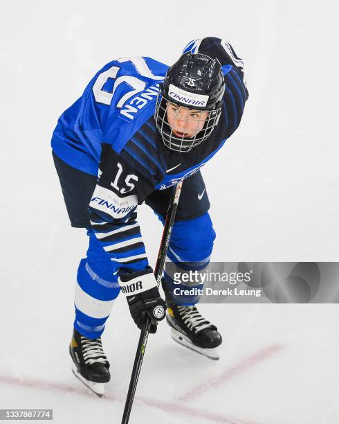 Minnamari Tuominen of Finland in action against Switzerland in the 2021 IIHF Women's World Championship bronze medal game played at WinSport Arena on...