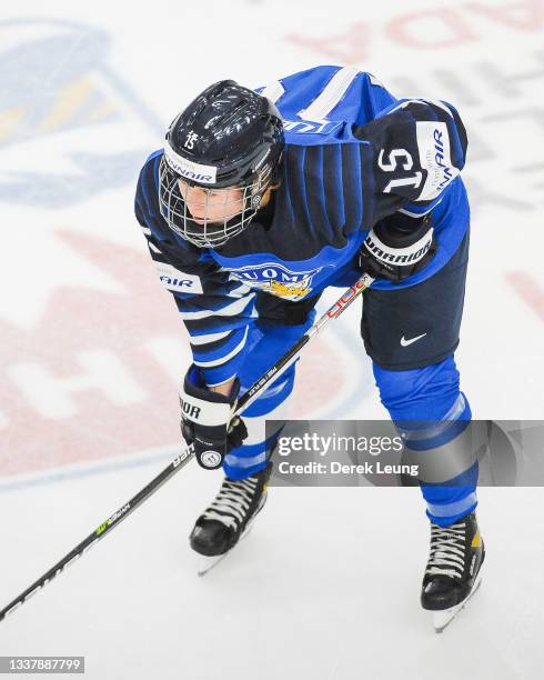 Minnamari Tuominen of Finland in action against Switzerland in the 2021 IIHF Women's World Championship bronze medal game played at WinSport Arena on...