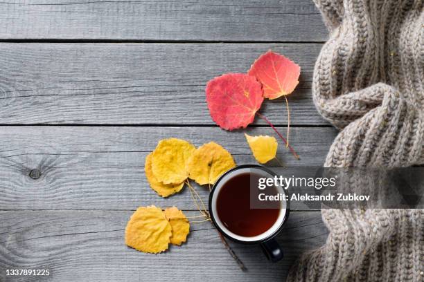 hot coffee or tea in a mug, bright autumn yellow leaves, a warm cozy knitted wool scarf, against the background of an old wooden background or table. the concept of seasonal recreation, relaxation, and peace of mind. copy of the text space. - winterdepression stock-fotos und bilder