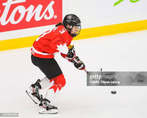 Jocelyne Larocque of Canada in action against United States in the 2021 IIHF Women's World Championship gold medal game played at WinSport Arena on...