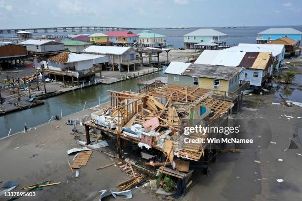 Homes destroyed in the wake of Hurricane Ida are shown September 2, 2021 in Grand Isle, Louisiana. Ida made landfall August 29 as a Category 4 storm...