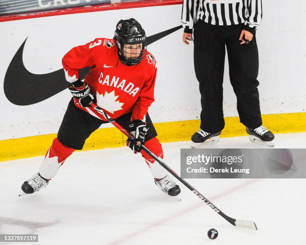 Jocelyne Larocque of Canada in action against United States in the 2021 IIHF Women's World Championship gold medal game played at WinSport Arena on...