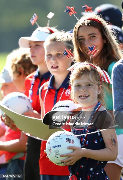 Young fans ask for autographs during a practice round ahead of the start of The Solheim Cup at Inverness Club on September 02, 2021 in Toledo, Ohio.