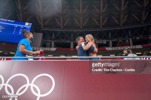 August 5: Katie Nageotte of the United States celebrates her gold medal performance with coach Brad Walker after the pole vault for women final...