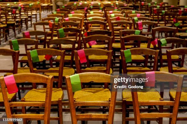 Social distancing marks on chairs in Saint Jacques-Saint Christophe de la Villette church, Paris, France.