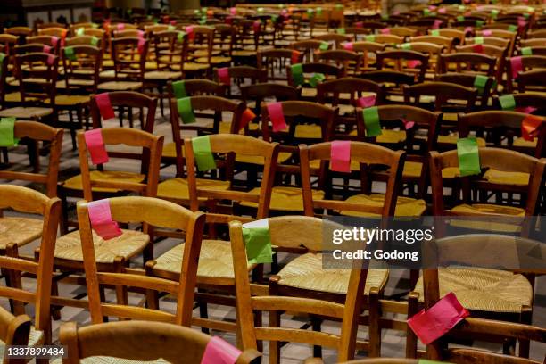 Social distancing marks on chairs in Saint Jacques-Saint Christophe de la Villette church, Paris, France.