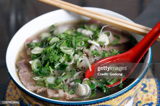 Vietnamese food. Vietnamese Spicy Sliced Beef and noodle Pho Bo Soup. France.