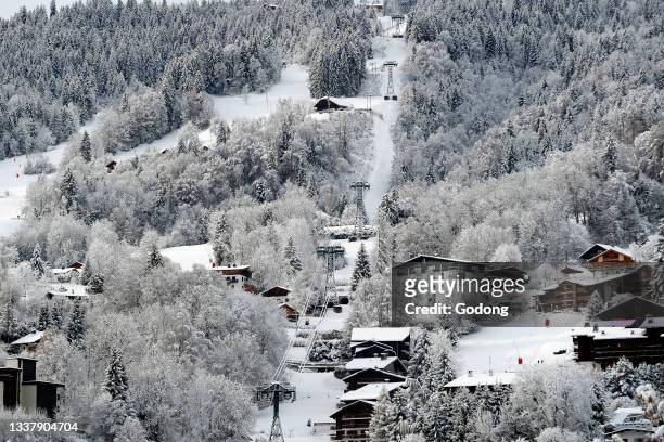 French Alps in winter. Saint Gervais Mont-Blanc village. Famous ski station. Saint-Gervais. France.