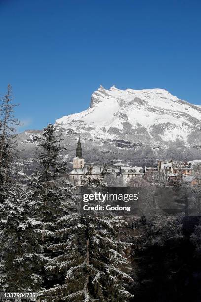 French Alps in winter. Saint Gervais Mont-Blanc village. Famous ski station. Saint-Gervais. France.