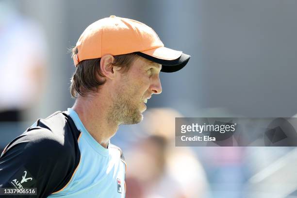 Andreas Seppi of Italy looks on during the game against Hubert Hurkacz of Poland during his Men's Singles second round match on Day Four of the 2021...