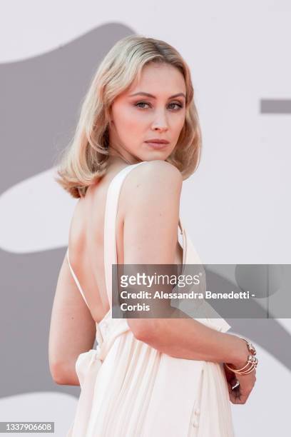 Sarah Gadon attends the red carpet of the movie "The Power Of The Dog" during the 78th Venice International Film Festival on September 02, 2021 in...