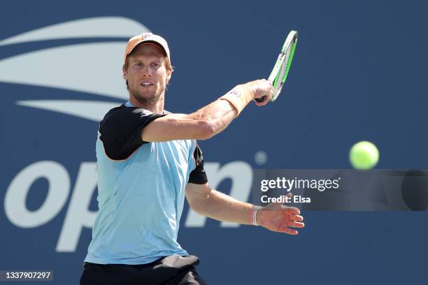 Andreas Seppi of Italy returns the ball against Hubert Hurkacz of Poland during his Men's Singles second round match on Day Four of the 2021 US Open...