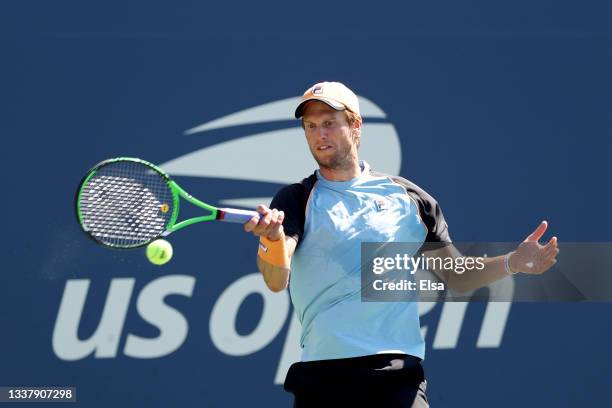 Andreas Seppi of Italy returns the ball against Hubert Hurkacz of Poland during his Men's Singles second round match on Day Four of the 2021 US Open...