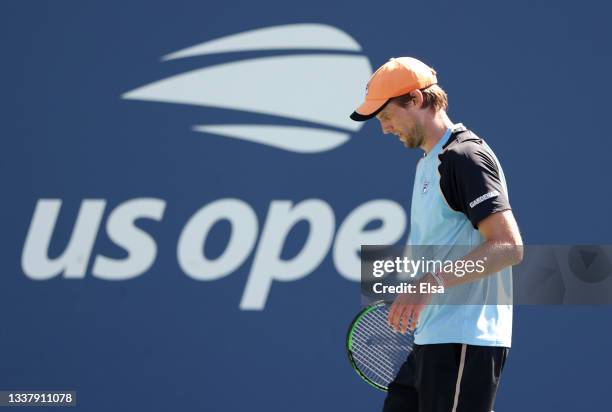 Andreas Seppi of Italy looks on during the game against Hubert Hurkacz of Poland during his Men's Singles second round match on Day Four of the 2021...