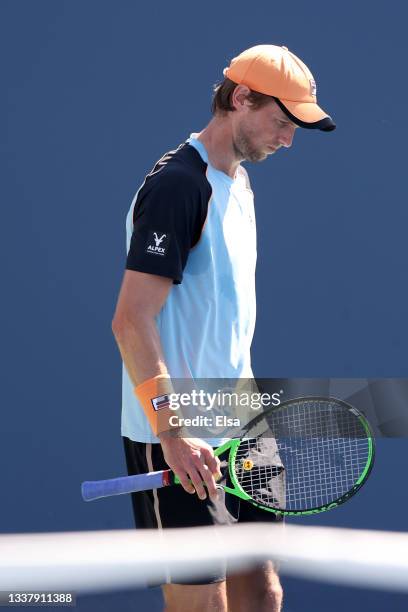 Andreas Seppi of Italy looks on during the game against Hubert Hurkacz of Poland during his Men's Singles second round match on Day Four of the 2021...