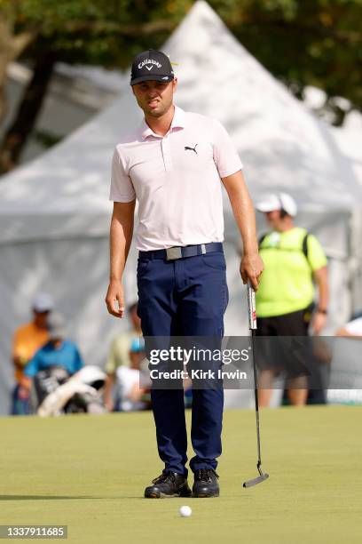 Adam Svensson of Canada lines up a putt during the final round of the Nationwide Children’s Hospital Championship at The Ohio State University Golf...