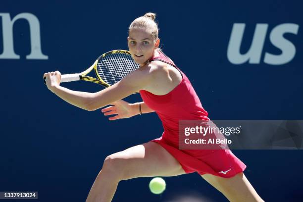 Kristýna Pliskova of Czech Republic returns the ball against Petra Kvitova of Czech Republic during her Women's Singles second round match on Day...