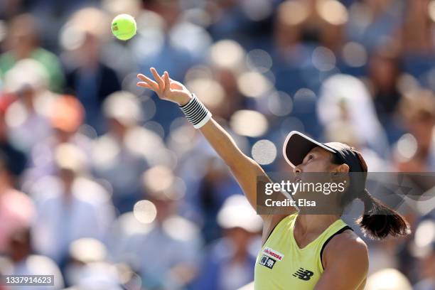Misaki Doi of Japan serves against Jessica Pegula of the United States during her Women's Singles second round match on Day Four of the 2021 US Open...