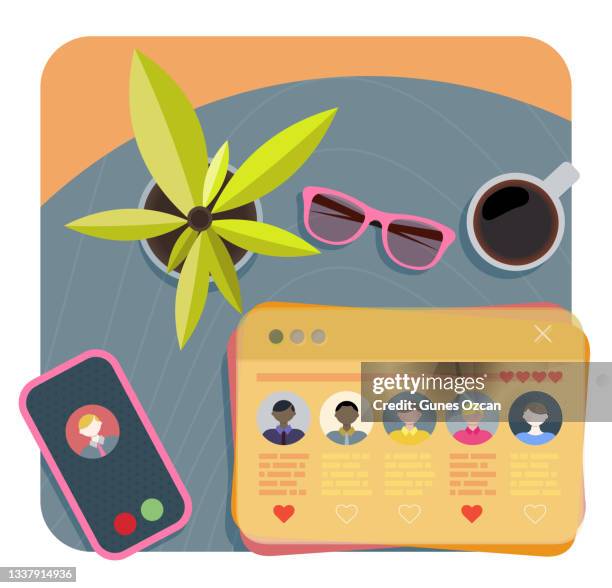 online dating with overhead desk view - checking online date profiles - computer desk overhead stock illustrations
