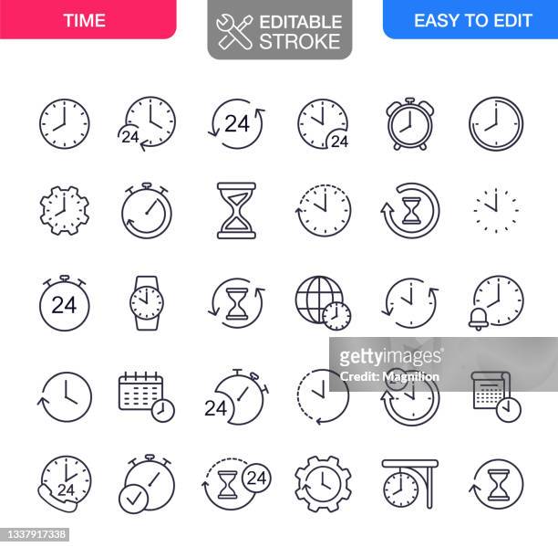 illustrazioni stock, clip art, cartoni animati e icone di tendenza di icone temporali imposta tratto modificabile - orologio da polso