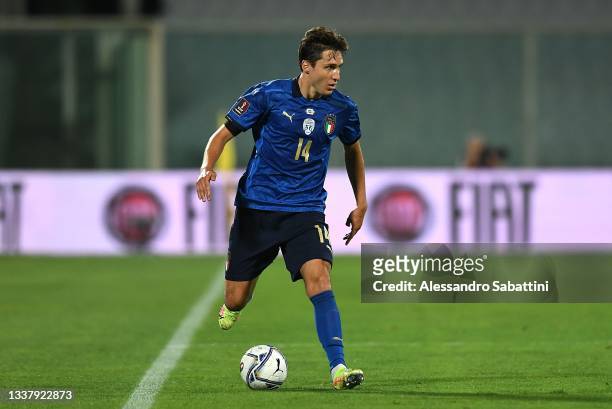 Federico Chiesa of Italy in action during the 2022 FIFA World Cup Qualifier match between Italy and Bulgaria at Artemio Franchi on September 02, 2021...