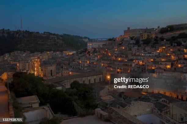 Panoramic view of the Baroque of Modica. The City of Chocolate which rises in Val di Noto. UNESCO. World Heritage. Site. Sicily. Italy. Europe.
