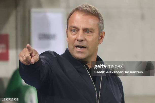 Hans Dieter-Flick, Head Coach of Germany reacts during the 2022 FIFA World Cup Qualifier match between Liechtenstein and Germany at Kybunpark on...