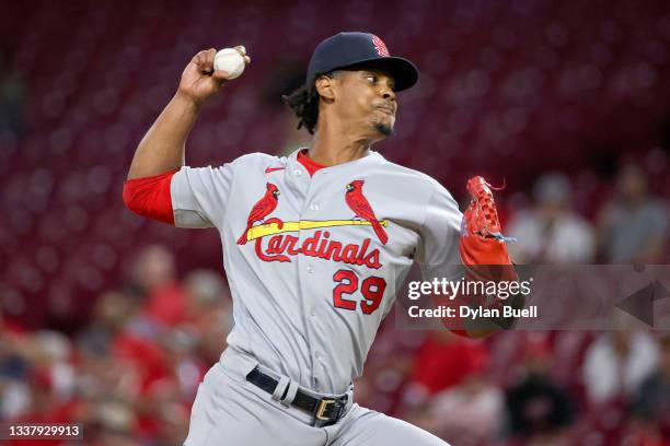 Alex Reyes of the St. Louis Cardinals pitches in the sixth inning against the Cincinnati Reds during game two of a doubleheader at Great American...