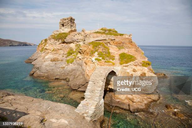 Venetian Castle and old bridge, Chora village, Andros island, Cyclades islands, Aegean sea, Greece, Europe.