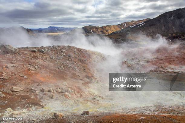 Steam from fumaroles. Solfataras at rhyolite mountains at Brennisteinsalda volcano near Landmannalaugar, Fjallabak Nature Reserve, Sudurland, Iceland.