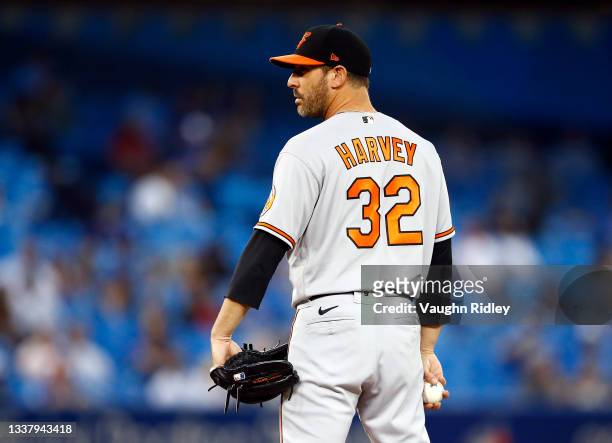 Matt Harvey of the Baltimore Orioles delivers a pitch during a MLB game against the Toronto Blue Jays at Rogers Centre on September 1, 2021 in...
