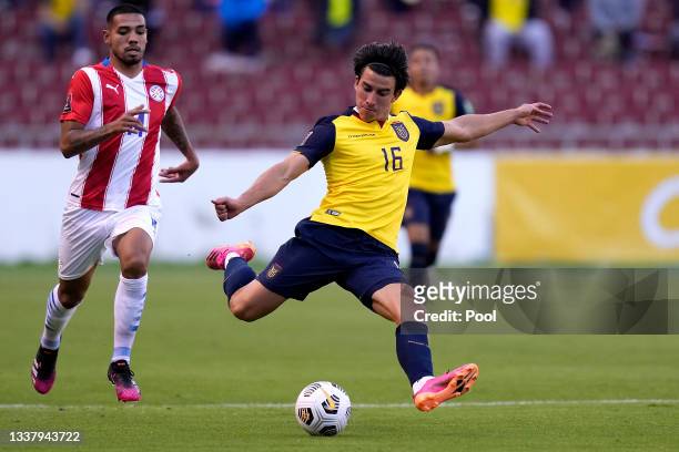 Fernando Gaibor of Ecuador kicks the ball during a match between Ecuador and Paraguay as part of South American Qualifiers for Qatar 2022 at Rodrigo...