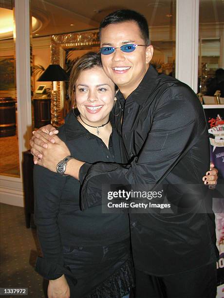 Recording artists Annette Moreno and Charlie Zaa hug during the Ritmo Latino Music Awards 2002 Nominations at the Beverly Hills Hotel on August 14,...