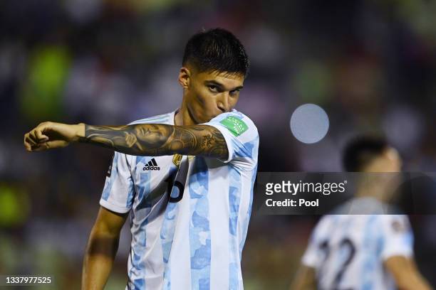 Joaquín Correa of Argentina celebrates after scoring the second goal of his team during a match between Venezuela and Argentina as part of South...