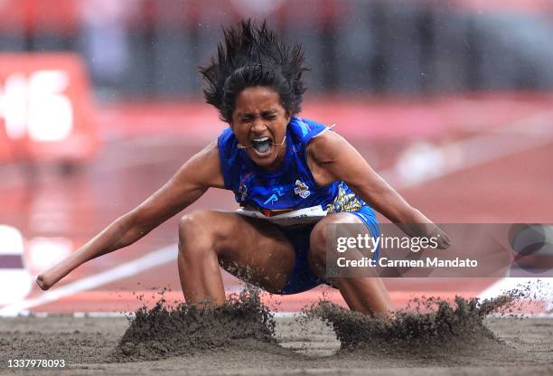 Kumudu P. Dissanayake Mudiyanselage of Team Sri Lanka competes in the Women's Long Jump - T47 on day 10 of the Tokyo 2020 Paralympic Games at Olympic...