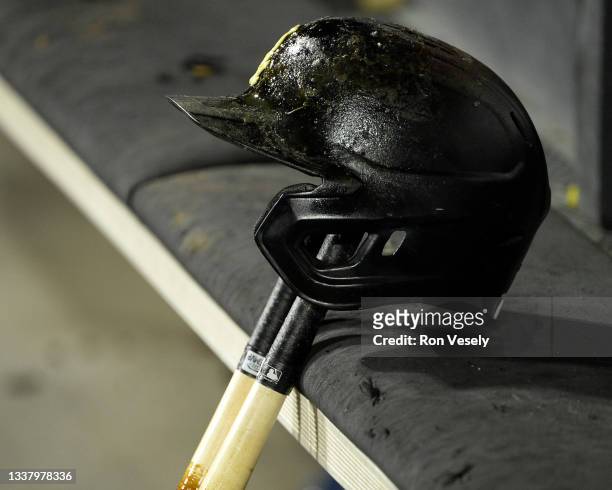 Detailed view of the batting helmet worn by Jose Abreu of the Chicago White Sox as used during the game against the Pittsburgh Pirates on August 31,...
