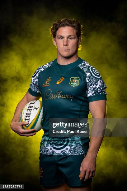 Michael Hooper poses during an Australian Wallabies portrait session at Fraser Suites on August 20, 2021 in Perth, Australia.