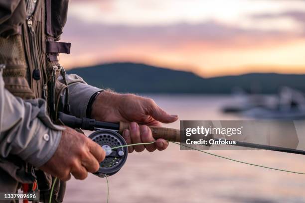 senior man fly-fishing at sunset - fishing rod stock pictures, royalty-free photos & images