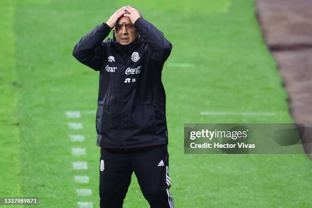 Gerardo Martino, head coach of Mexico reacts during the match between Mexico and Jamaica as part of the Concacaf 2022 FIFA World Cup Qualifier at...