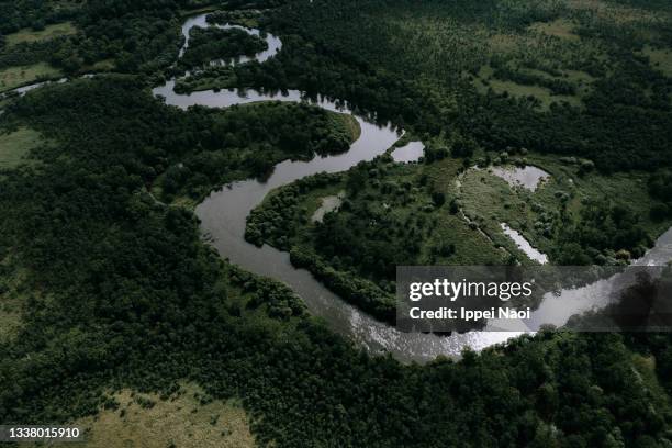 aerial view of winding river, hokkaido, japan - kushiro stock pictures, royalty-free photos & images