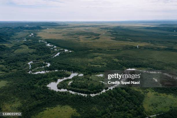 aerial view of winding river, hokkaido, japan - kushiro stock pictures, royalty-free photos & images