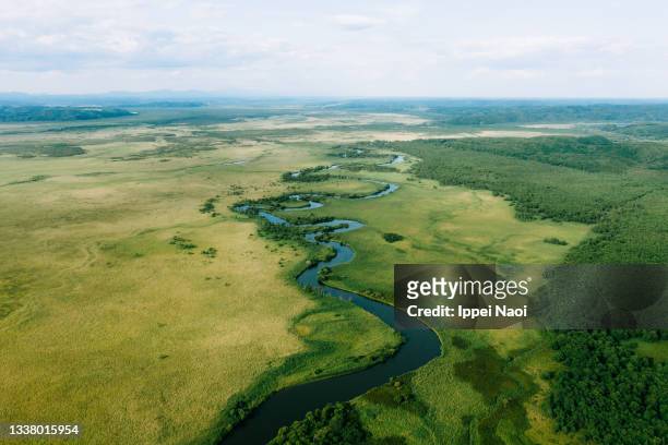 aerial view of kushiro shitsugen national park, hokkaido, japan - wet area stock pictures, royalty-free photos & images