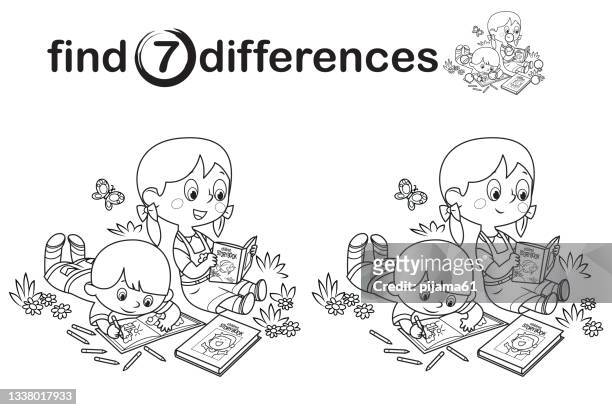 black and white find differences, children working and reading book in the park - homework 幅插畫檔、美工圖案、卡通及圖標