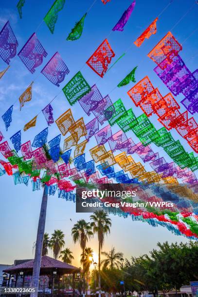 papel picado flags on the plaza in san blas, riviera nayarit, mexico. - papel picado fotografías e imágenes de stock