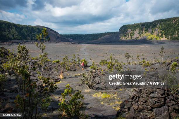 hiker on kilauea iki trail in hawaii volcanoes national park on the big island of hawaii. - kilauea foto e immagini stock