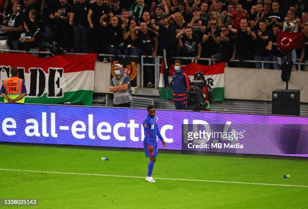 Raheem Sterling of England is jeered by the Hungary fans during the 2022 FIFA World Cup Qualifiers match at Stadium Puskas Ferenc on September 2,...