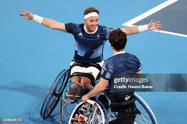 Alfie Hewett and Gordon Reid of Team Great Britain celebrate a point in the Men's Doubles Gold Medal Match against Nicolas Peifer and Stephane Houdet...