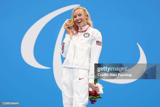 Gold medalist Jessica Long of Team United States celebrates during the medal ceremony for the Women's 100m Butterfly - S8 Final on day 10 of the...