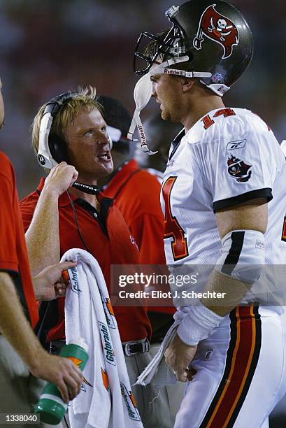 Head Coach Jon Gruden of the Tampa Bay Buccaneers is happy after his team scores against the Miami Dolphins on August 12, 2002 at Raymond James...